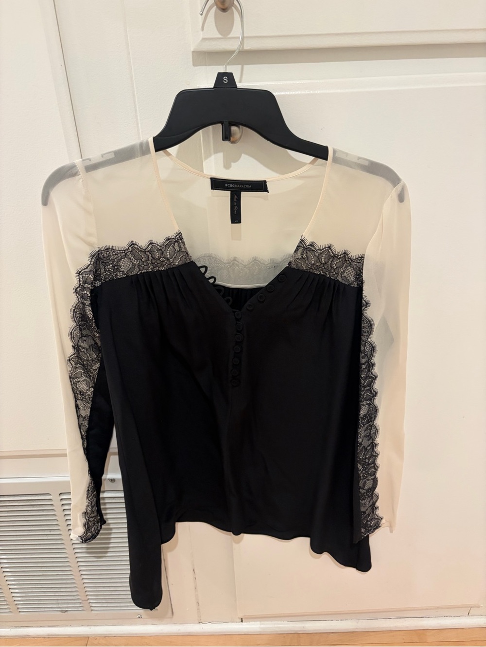 BCBGMaxAzria Black and Cream Lace-Trim Blouse